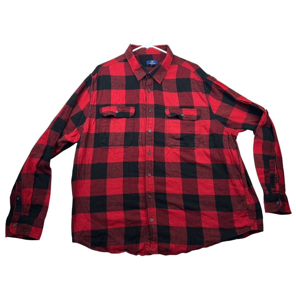 George Men's Flannel Shirt 2XL Red Black Buffalo Plaid Button Down Grunge Work